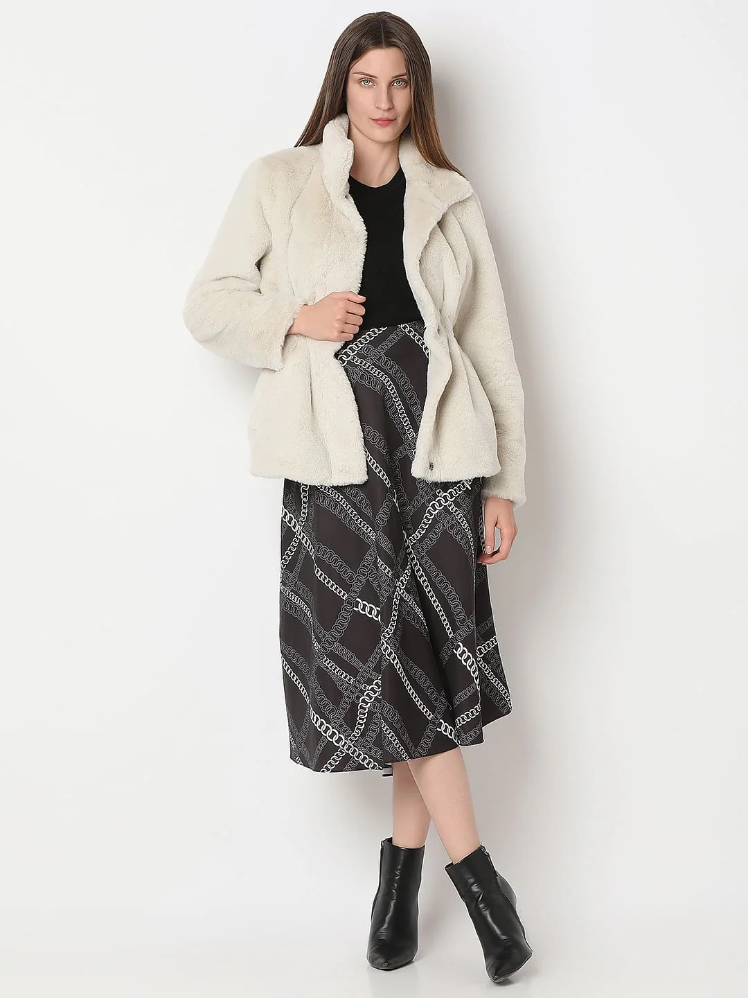 Beige High Neck Faux Fur Jacket - Image 5