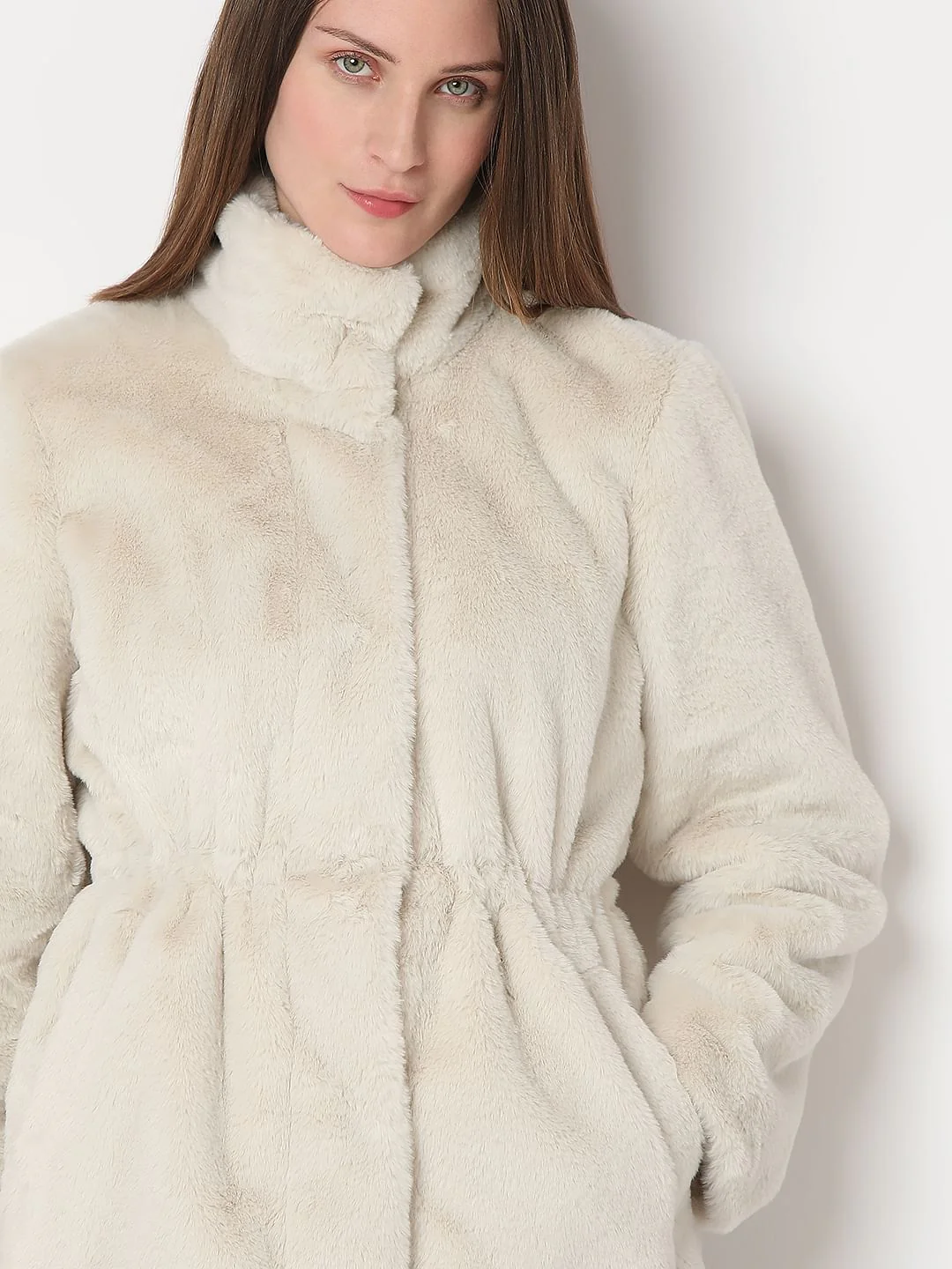 Beige High Neck Faux Fur Jacket - Image 6