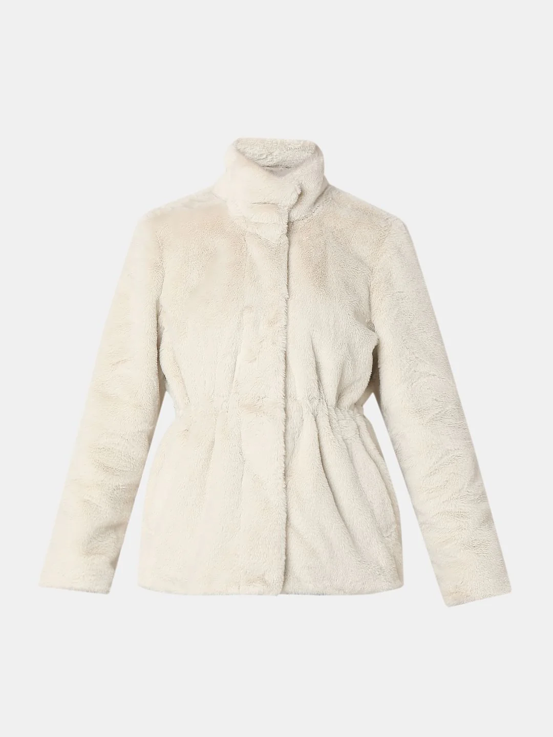 Beige High Neck Faux Fur Jacket - Image 7