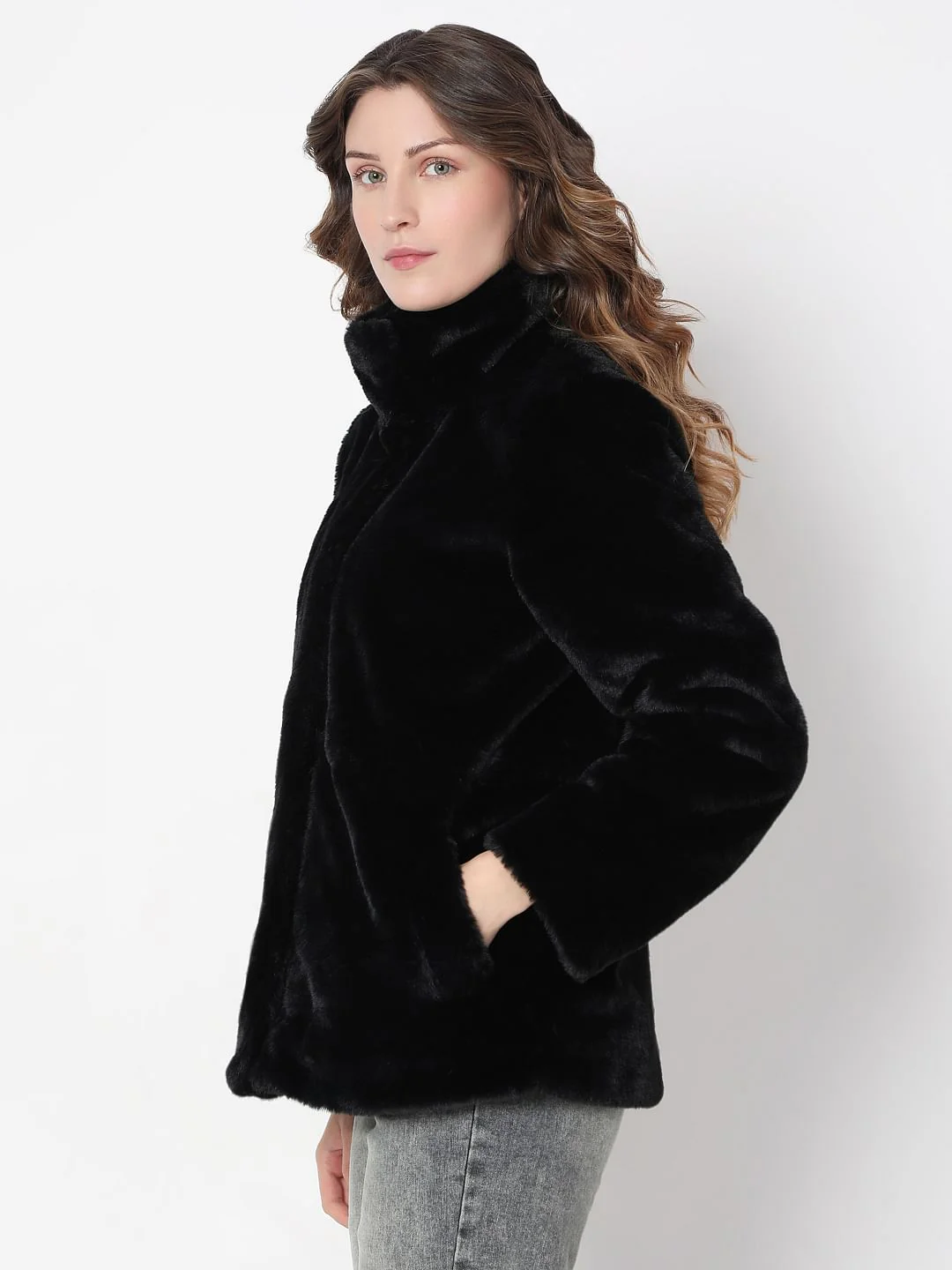 Black High Neck Faux Fur Jacket - Image 3