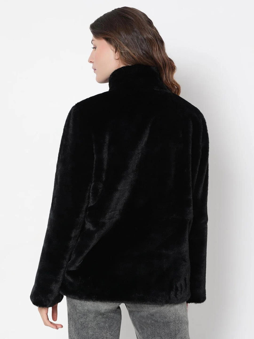 Black High Neck Faux Fur Jacket - Image 4