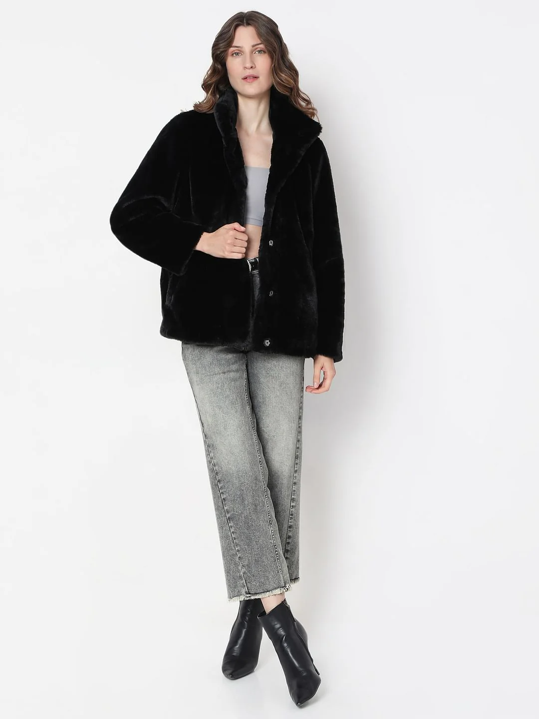 Black High Neck Faux Fur Jacket - Image 5