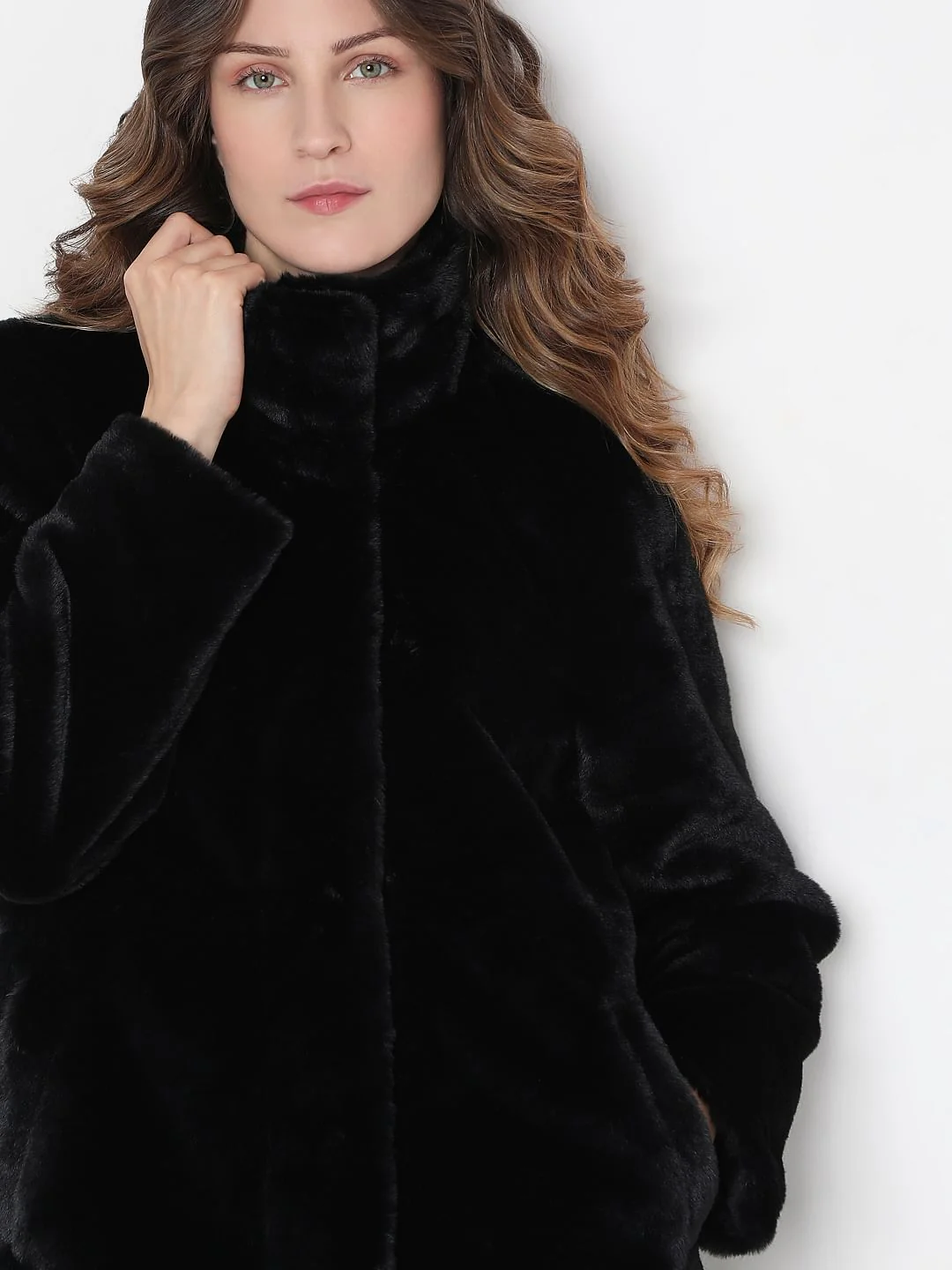 Black High Neck Faux Fur Jacket - Image 6