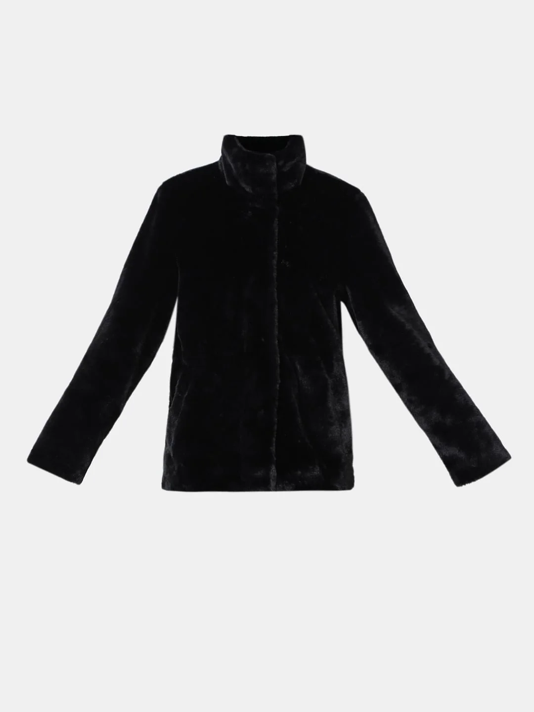 Black High Neck Faux Fur Jacket - Image 7