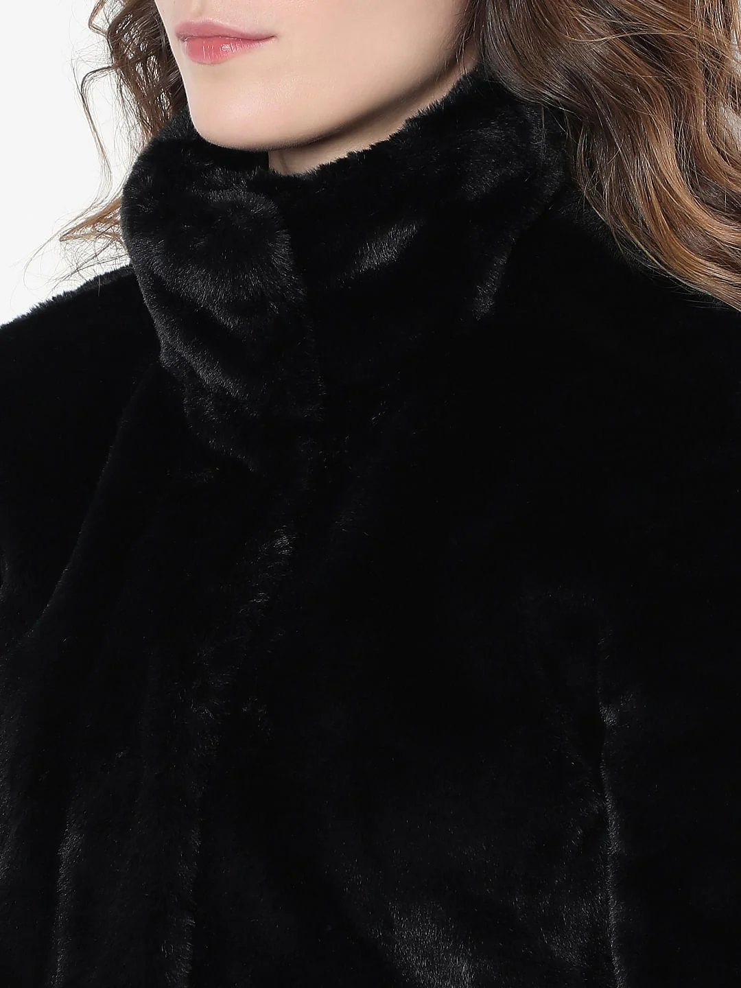 Black High Neck Faux Fur Jacket - Image 8