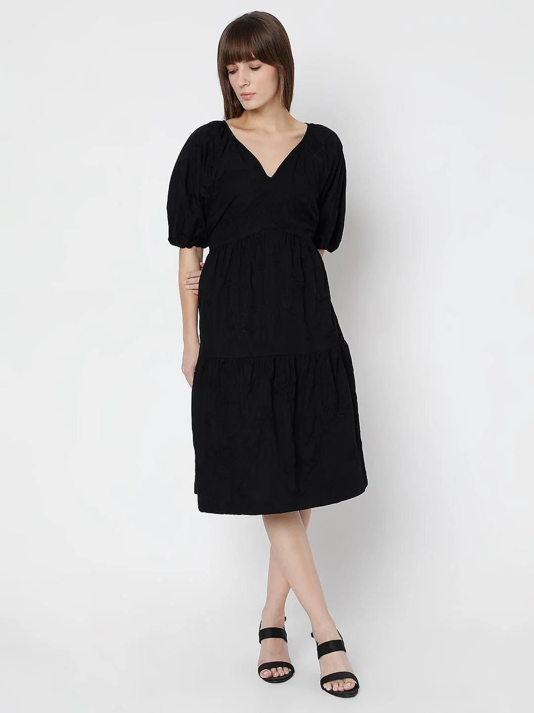 Black Tiered Cotton Fit & Flare Dress - Image 2