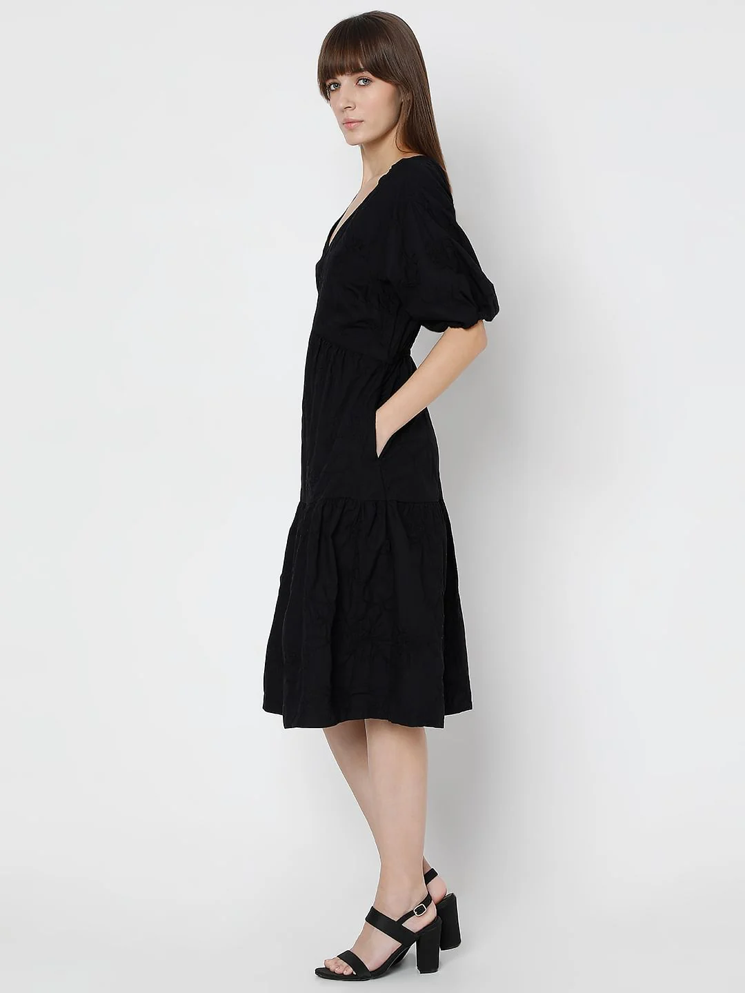 Black Tiered Cotton Fit & Flare Dress - Image 3
