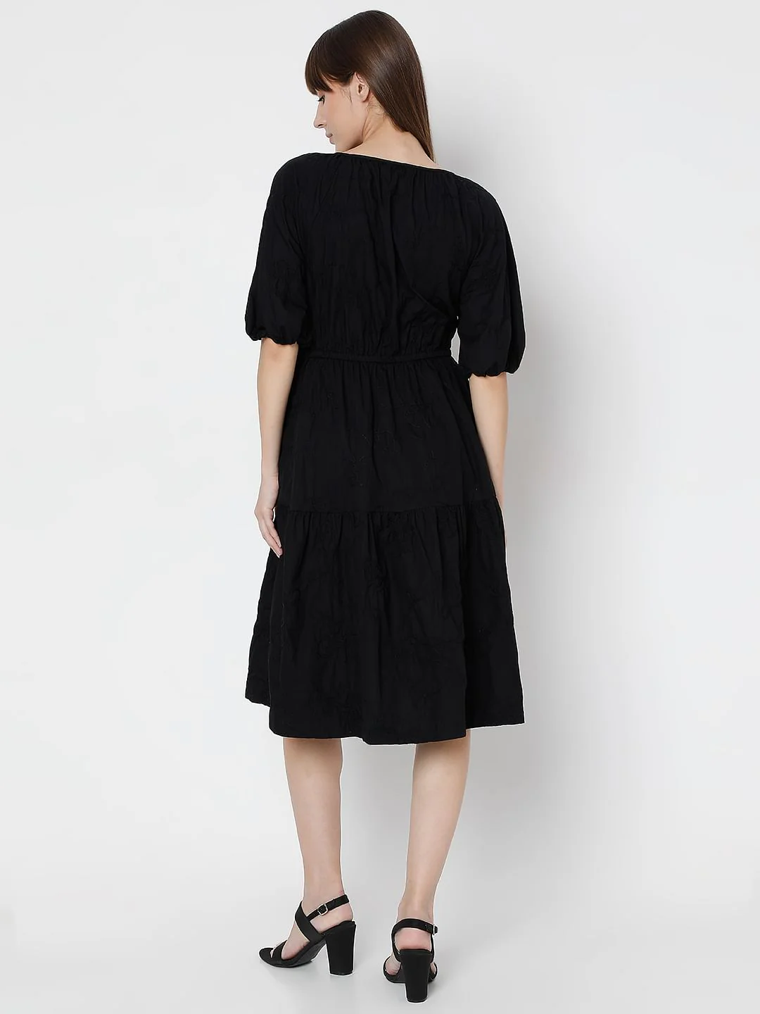 Black Tiered Cotton Fit & Flare Dress - Image 4