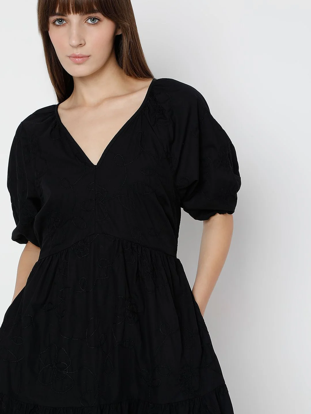 Black Tiered Cotton Fit & Flare Dress - Image 5
