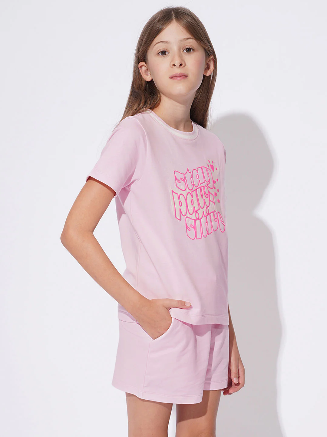 Girls Pink Printed Co-Ord Set T-Shirt - Image 2