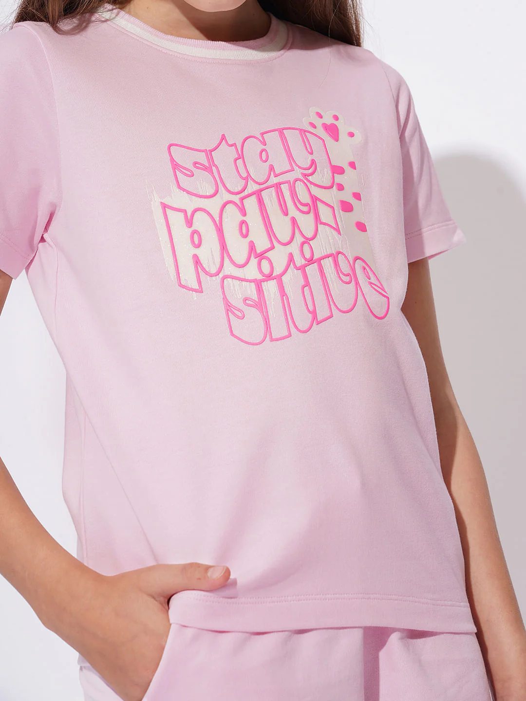 Girls Pink Printed Co-Ord Set T-Shirt - Image 4
