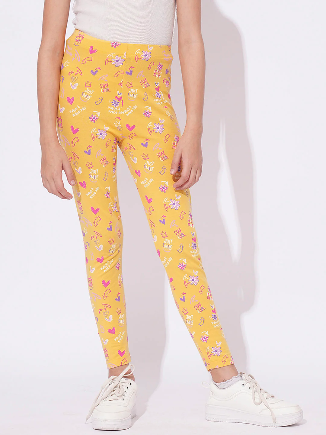 Girls Yellow Printed Leggings - Image 2