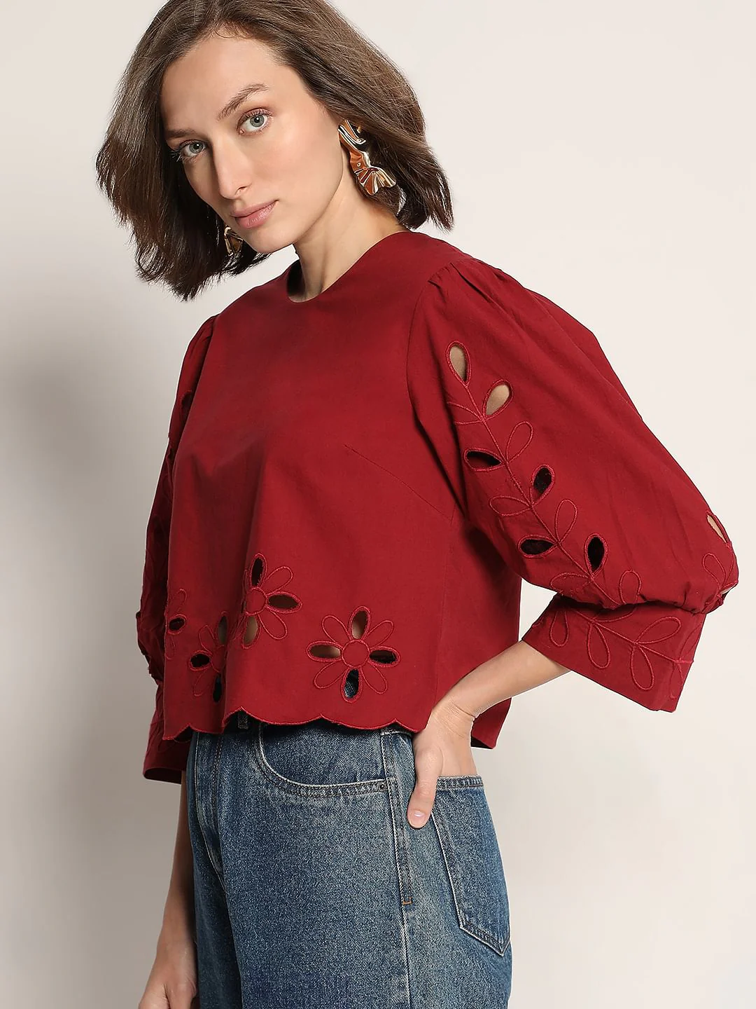 Dark Red Cut-Work Detail Top