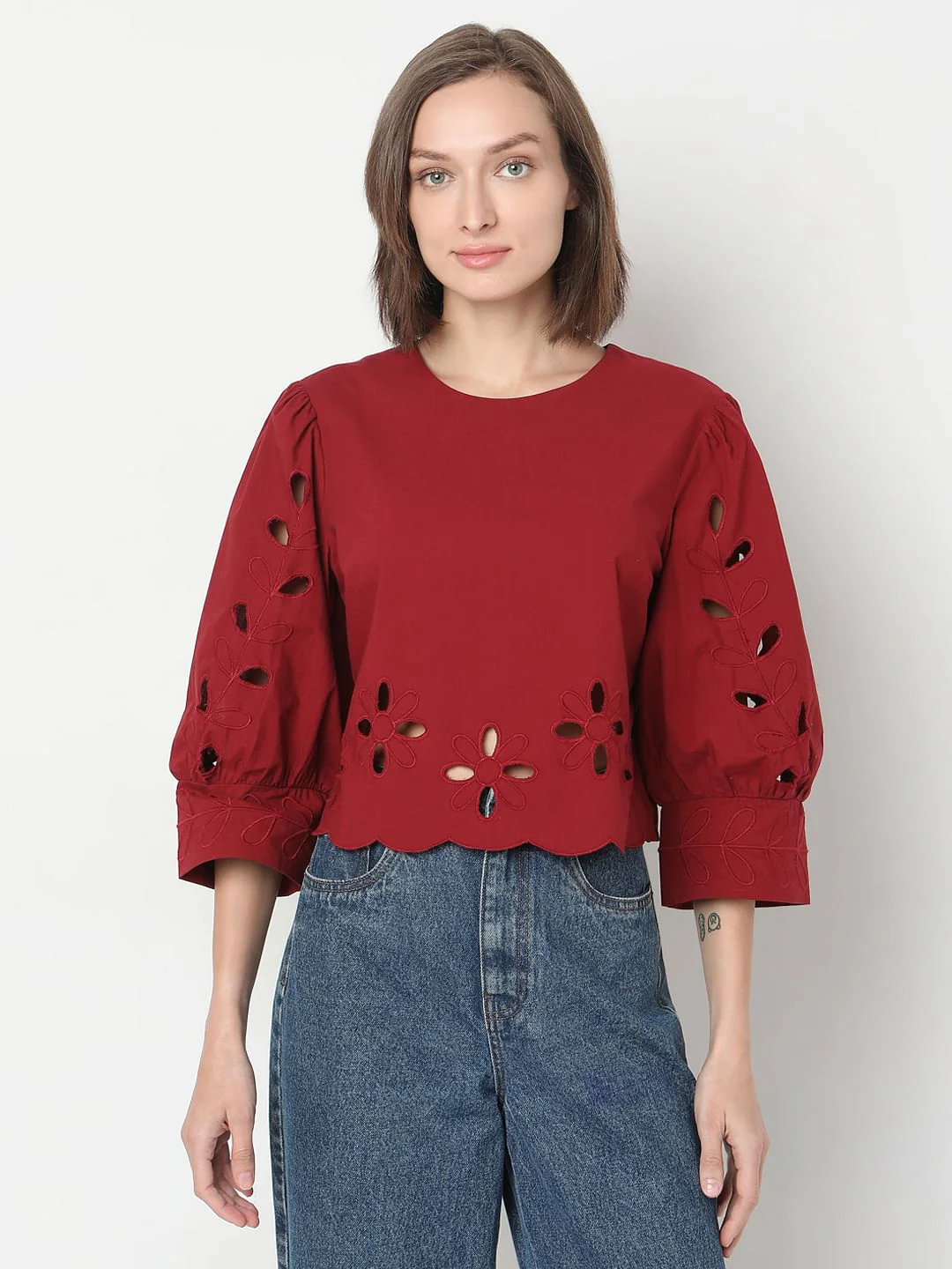 Dark Red Cut-Work Detail Top - Image 2