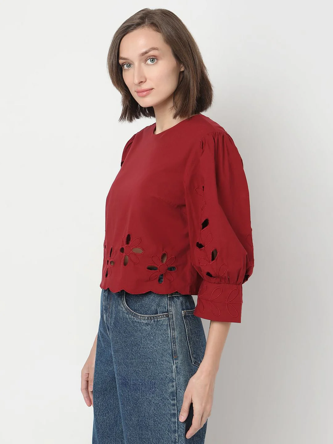 Dark Red Cut-Work Detail Top - Image 3