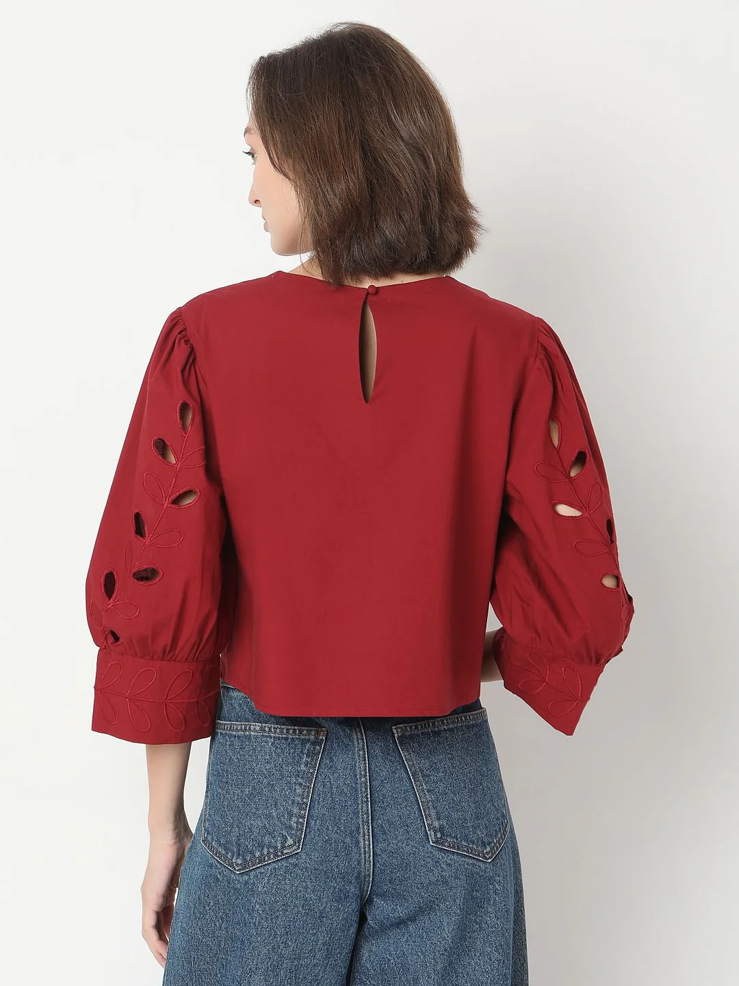 Dark Red Cut-Work Detail Top - Image 4