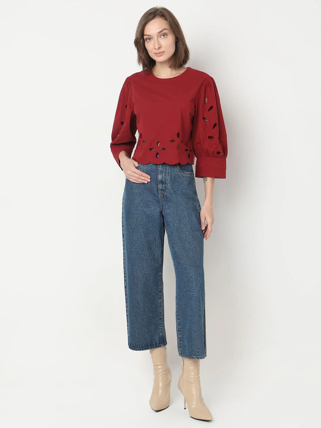 Dark Red Cut-Work Detail Top - Image 5