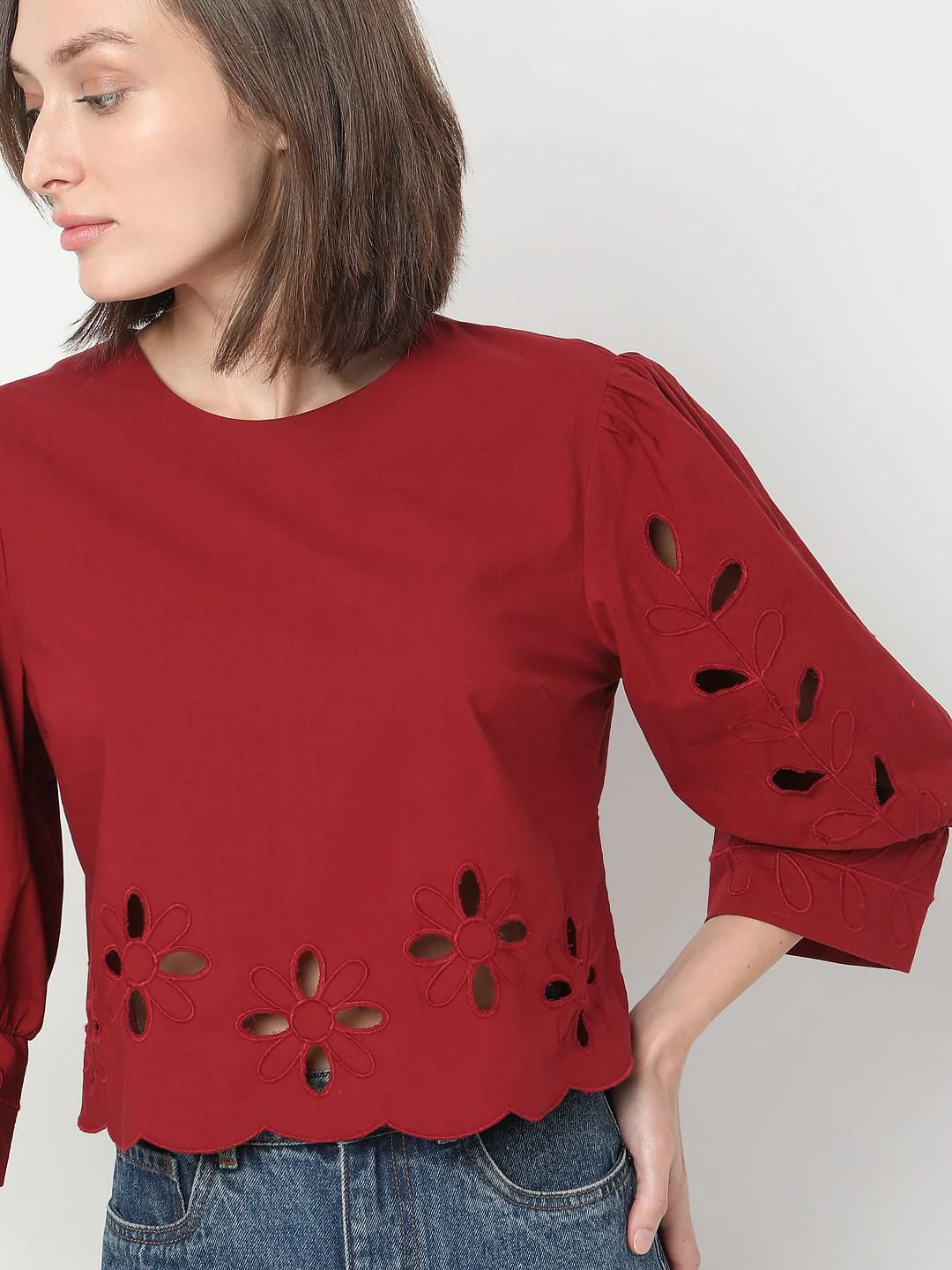 Dark Red Cut-Work Detail Top - Image 6