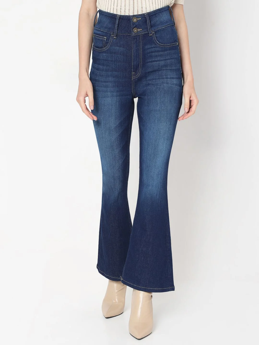 Dark Blue Double Button Bootcut Jeans - Image 2