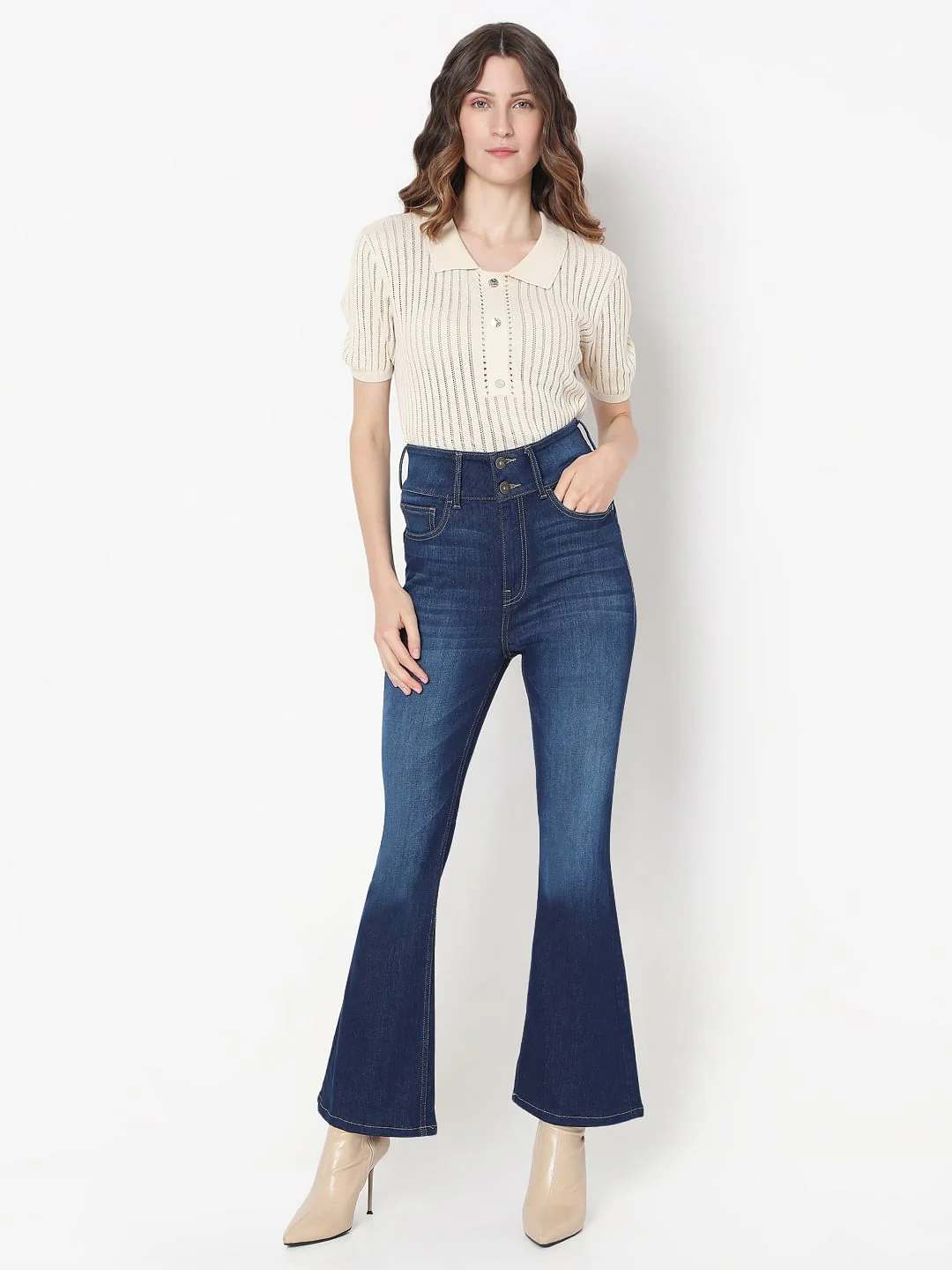 Dark Blue Double Button Bootcut Jeans - Image 5