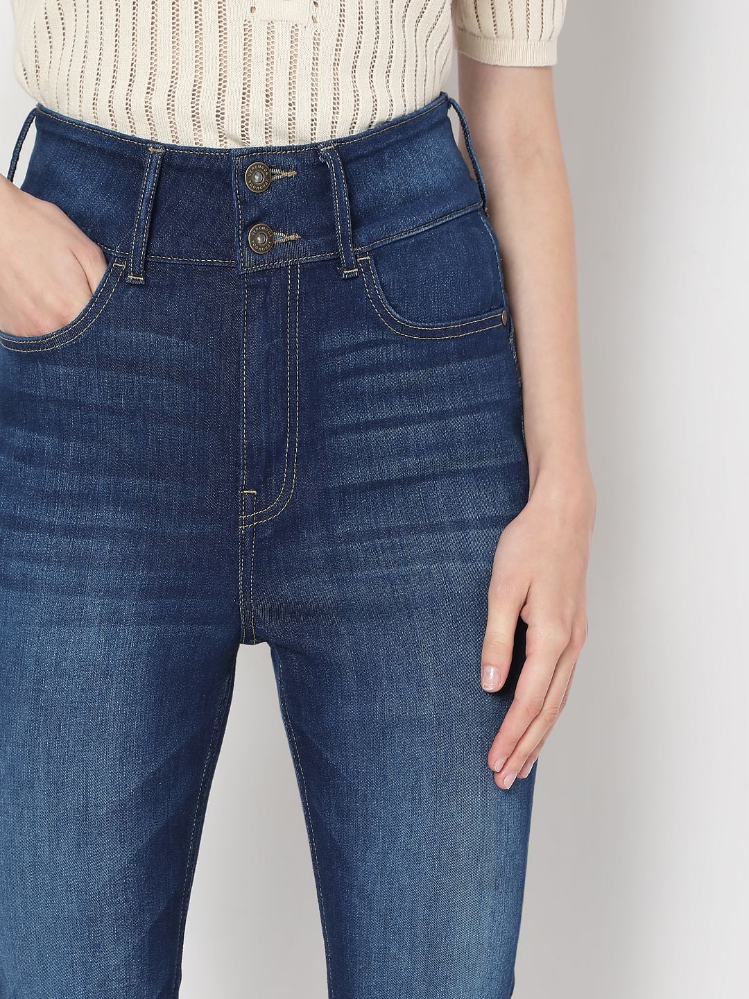 Dark Blue Double Button Bootcut Jeans - Image 6