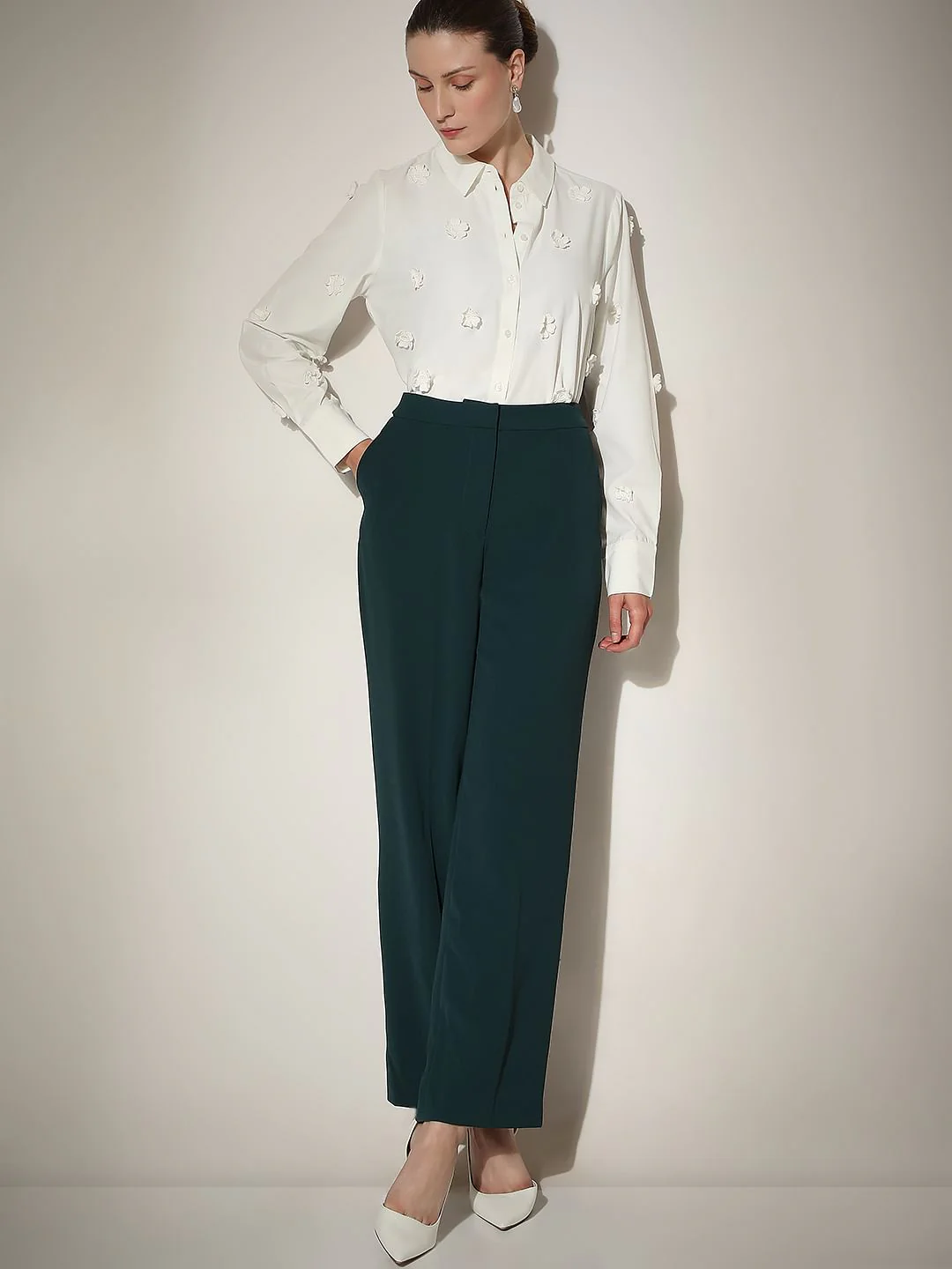 Teal Green High Rise Wide Leg Pants