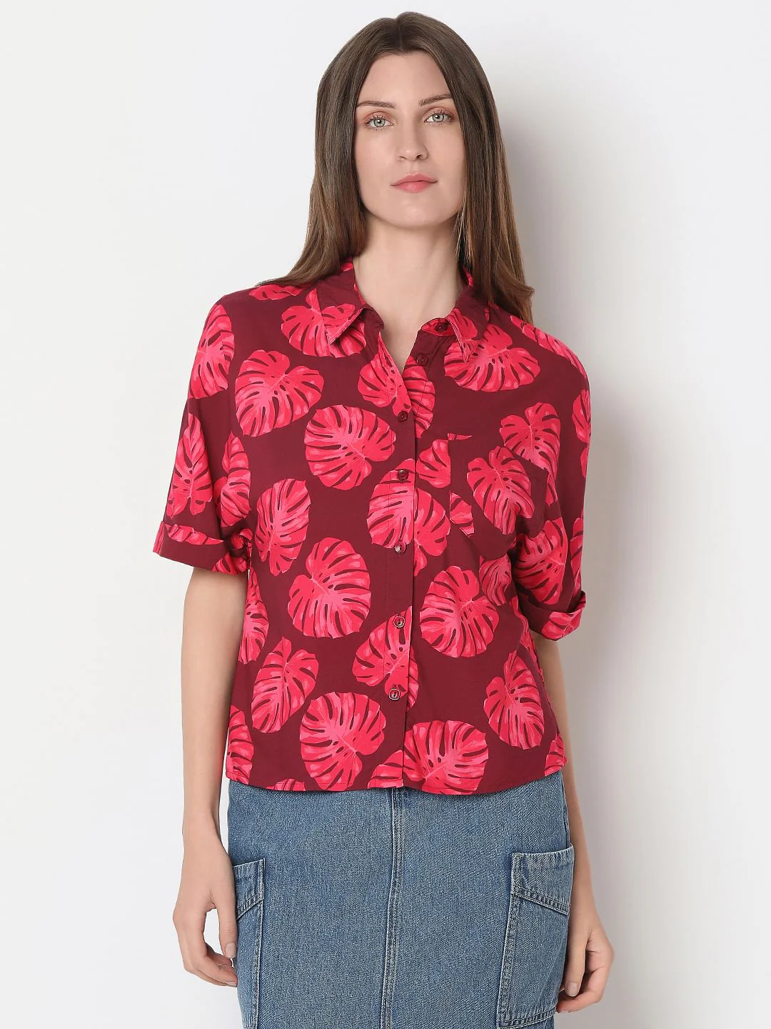 Red Leafy Printed Viscose Shirt - Image 2