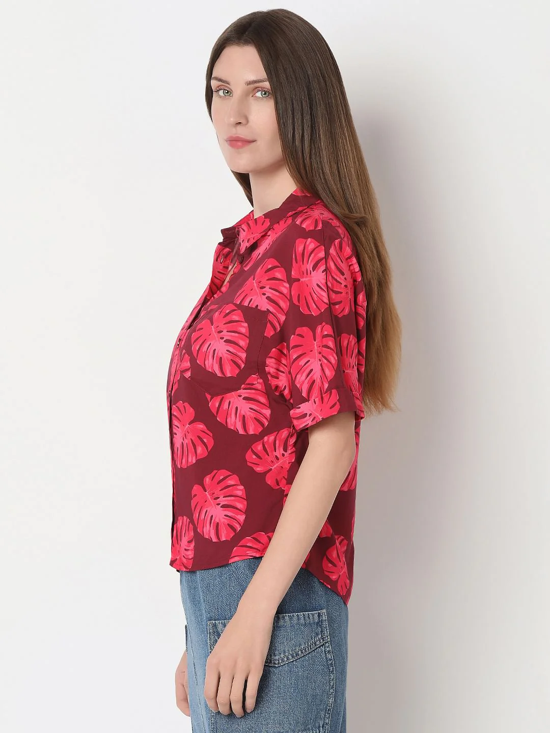 Red Leafy Printed Viscose Shirt - Image 3