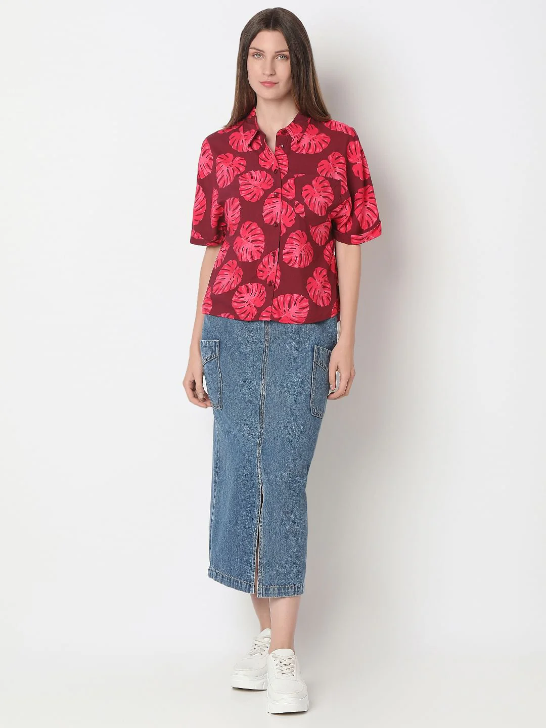 Red Leafy Printed Viscose Shirt - Image 5