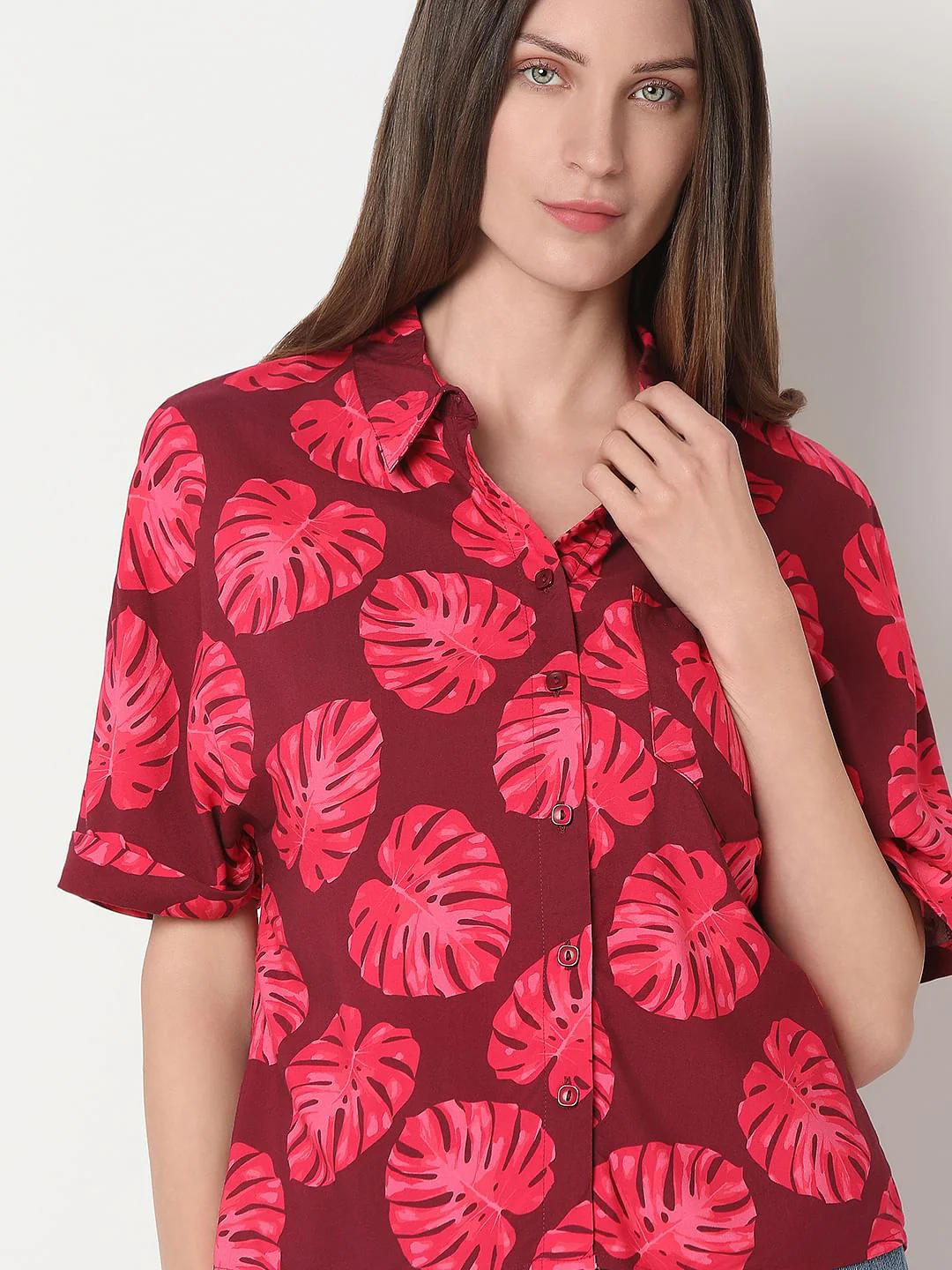 Red Leafy Printed Viscose Shirt - Image 6