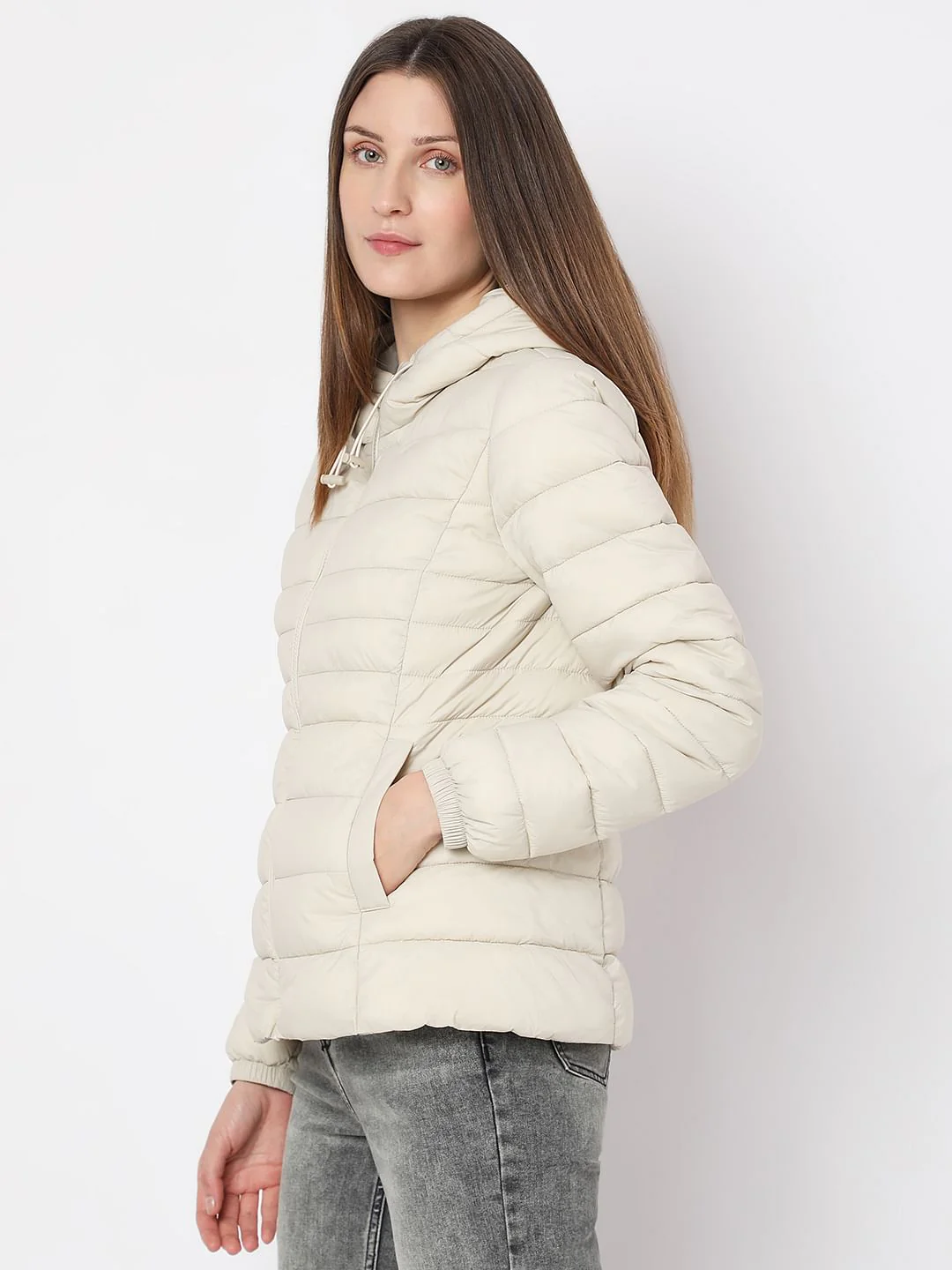 Beige Short Hooded Puffer Jacket - Image 3