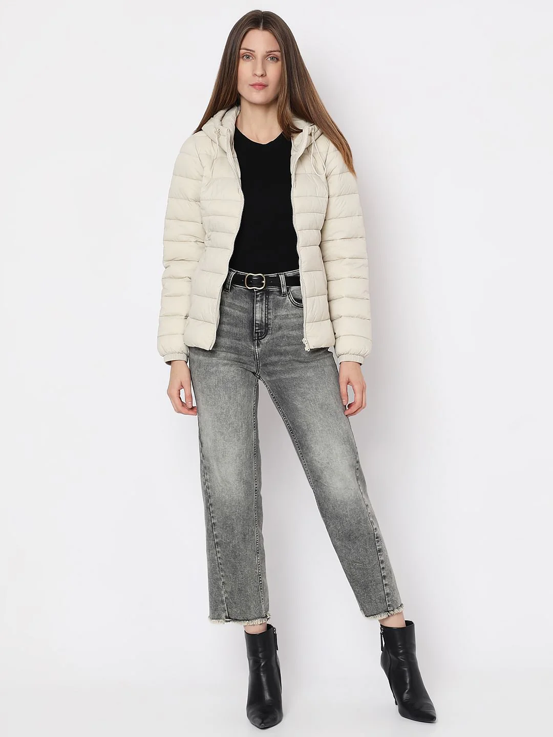 Beige Short Hooded Puffer Jacket - Image 5