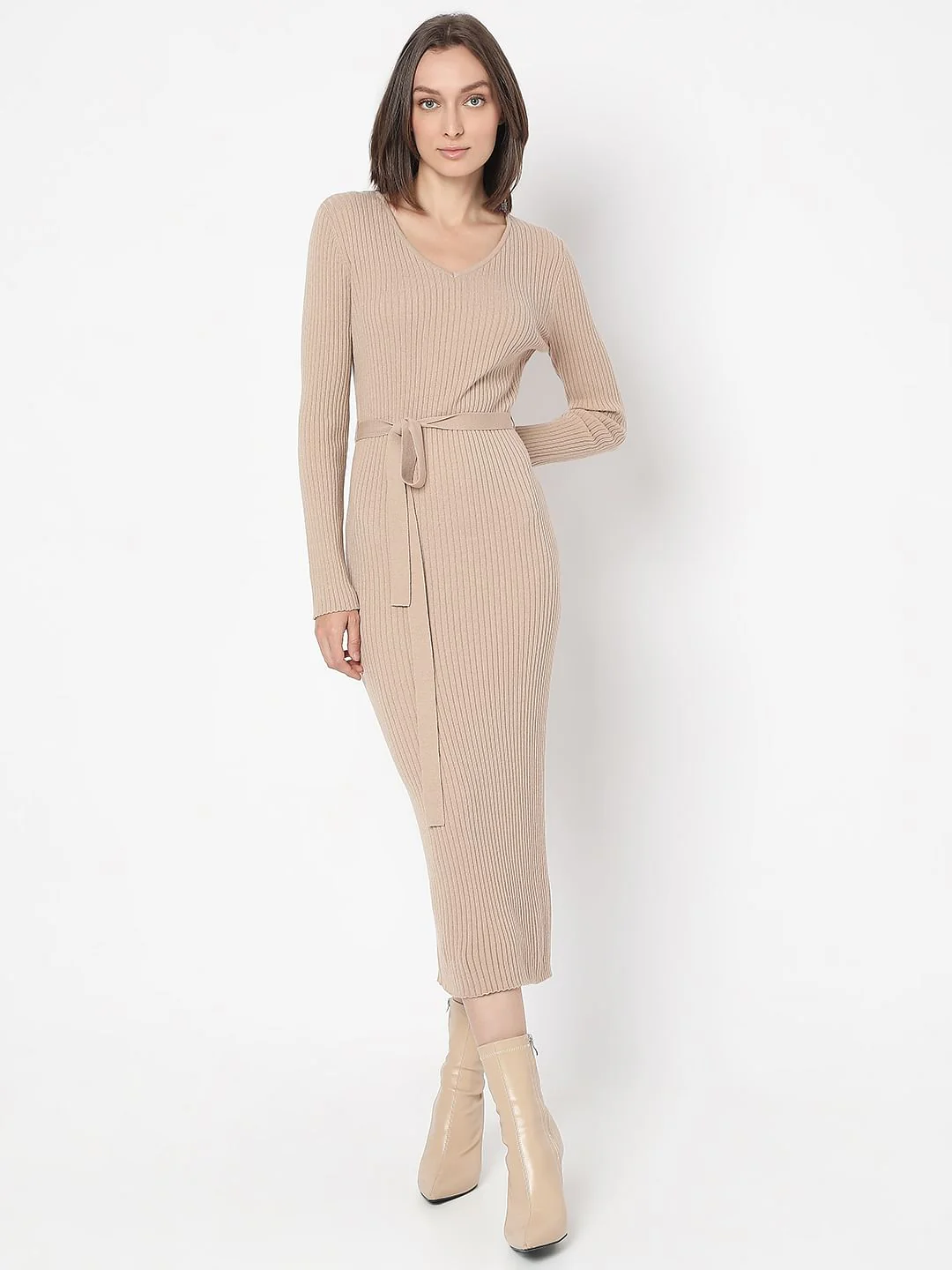 Beige V-Neck Bodycon Knit Dress - Image 2