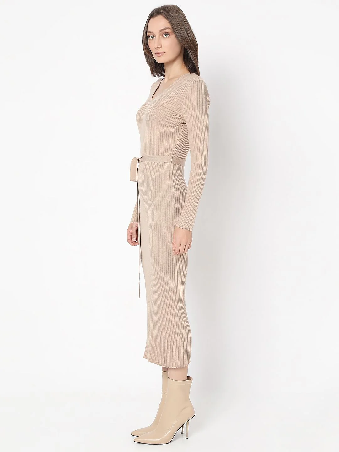 Beige V-Neck Bodycon Knit Dress - Image 3