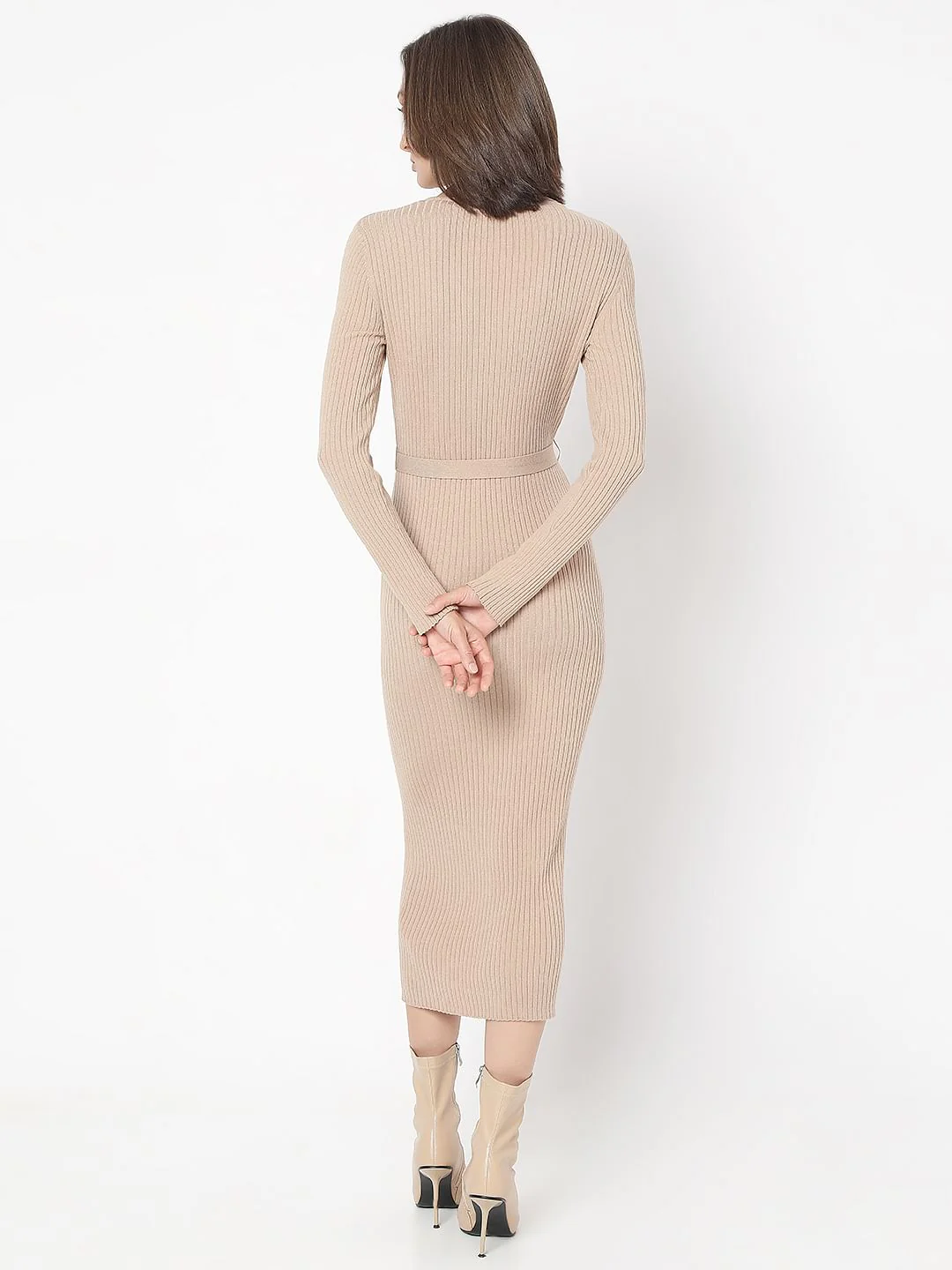 Beige V-Neck Bodycon Knit Dress - Image 4