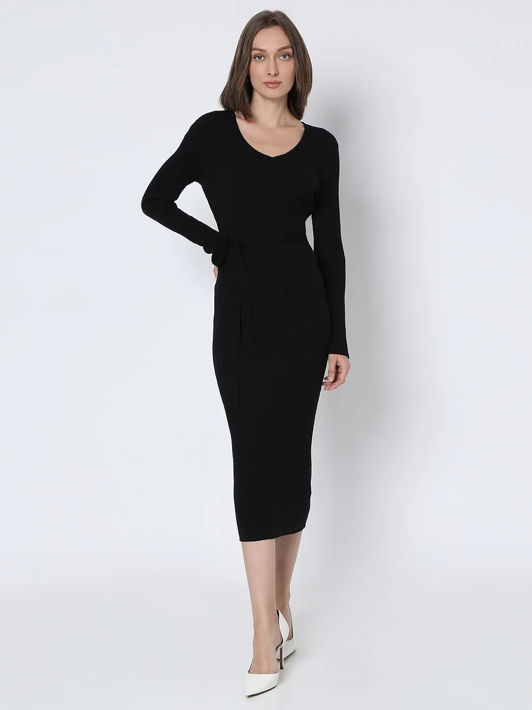 Black V-Neck Bodycon Knit Dress - Image 2