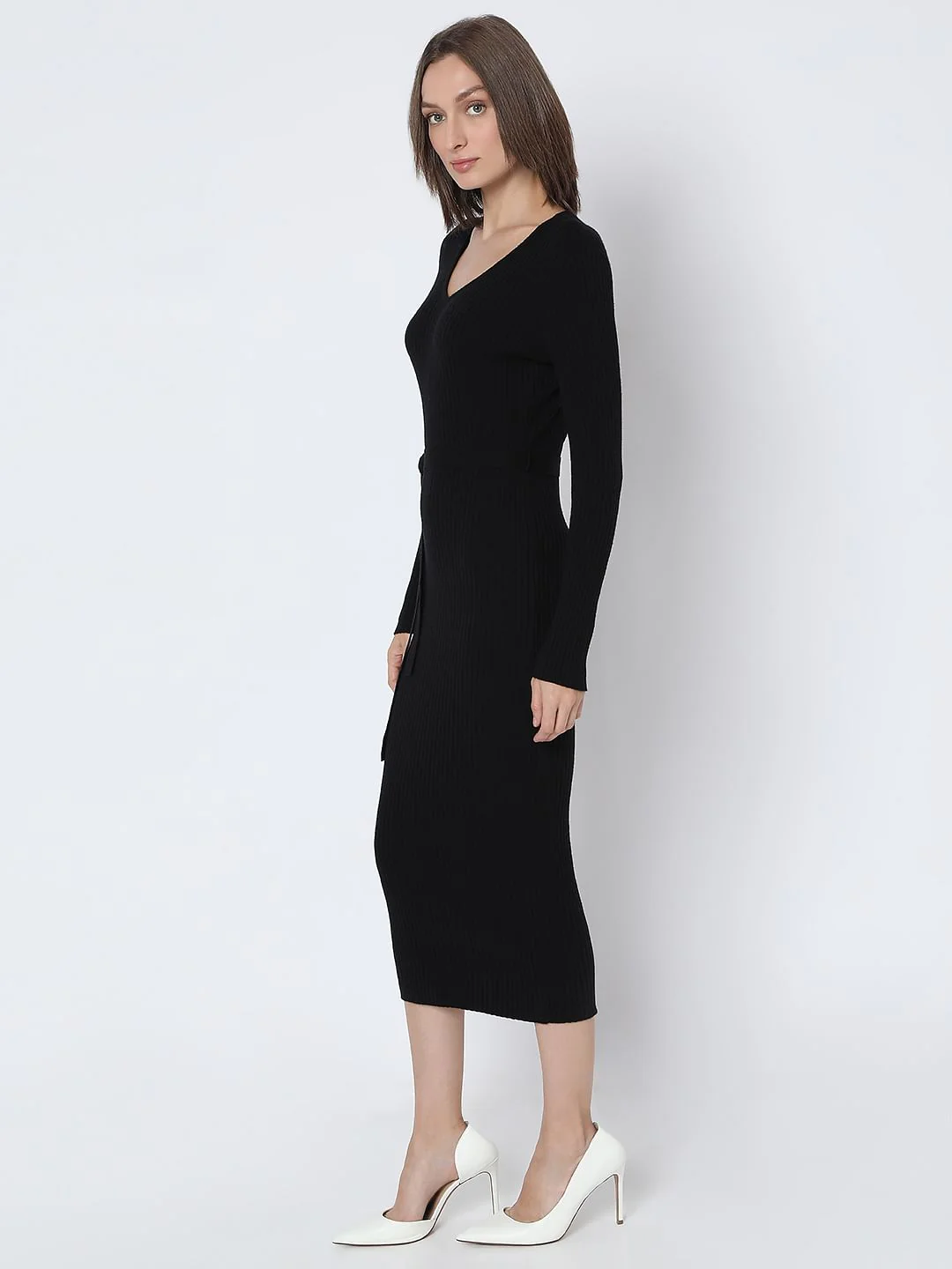 Black V-Neck Bodycon Knit Dress - Image 3