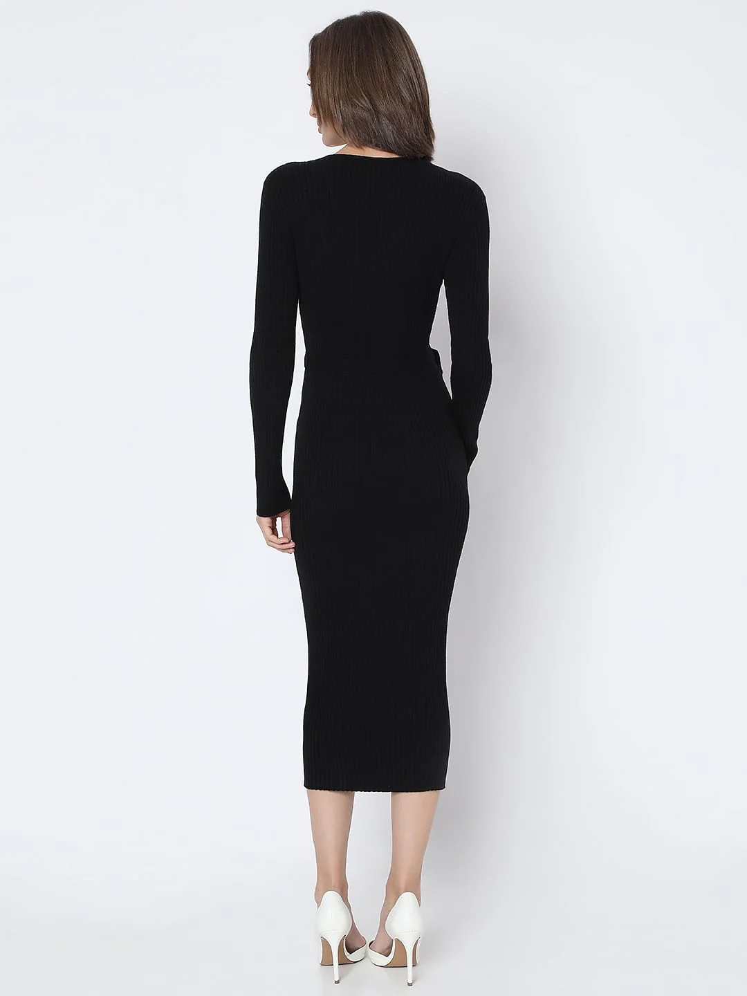 Black V-Neck Bodycon Knit Dress - Image 4