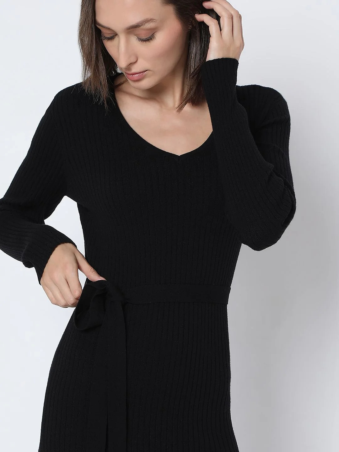 Black V-Neck Bodycon Knit Dress - Image 5