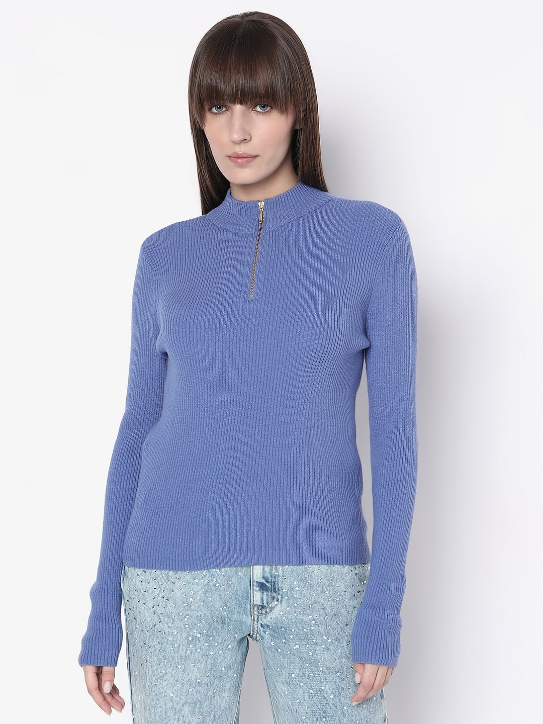 Blue Ribbed High Neck Knit Top - Image 2