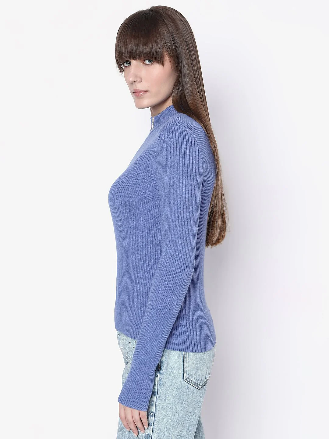 Blue Ribbed High Neck Knit Top - Image 3