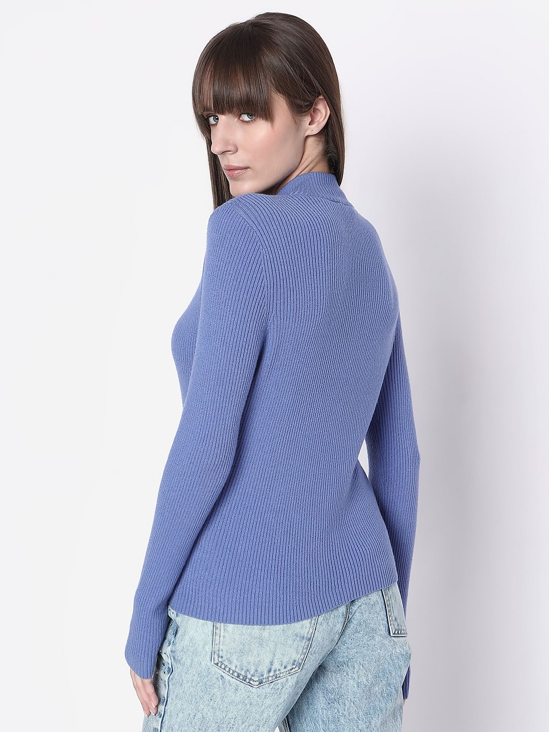 Blue Ribbed High Neck Knit Top - Image 4