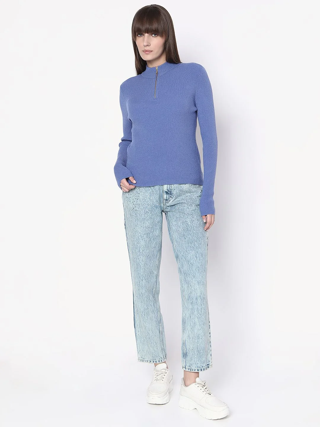 Blue Ribbed High Neck Knit Top - Image 5