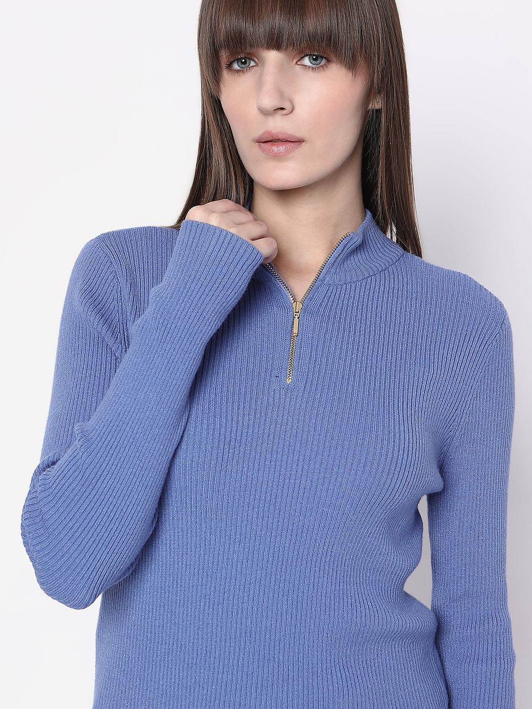 Blue Ribbed High Neck Knit Top - Image 6