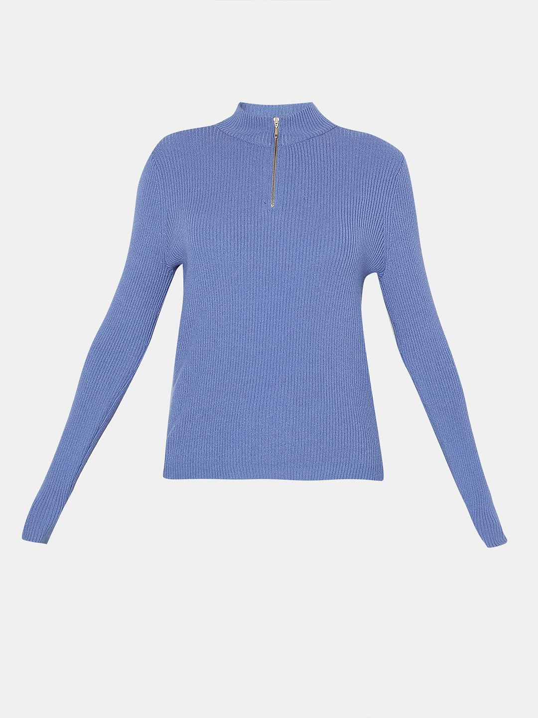 Blue Ribbed High Neck Knit Top - Image 7