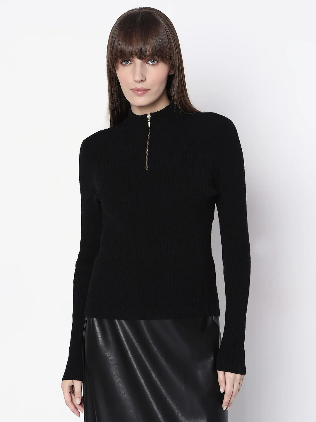 Black Ribbed High Neck Knit Top - Image 2