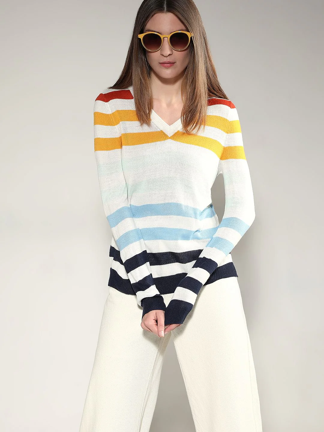 White Colourblocked Knit Top