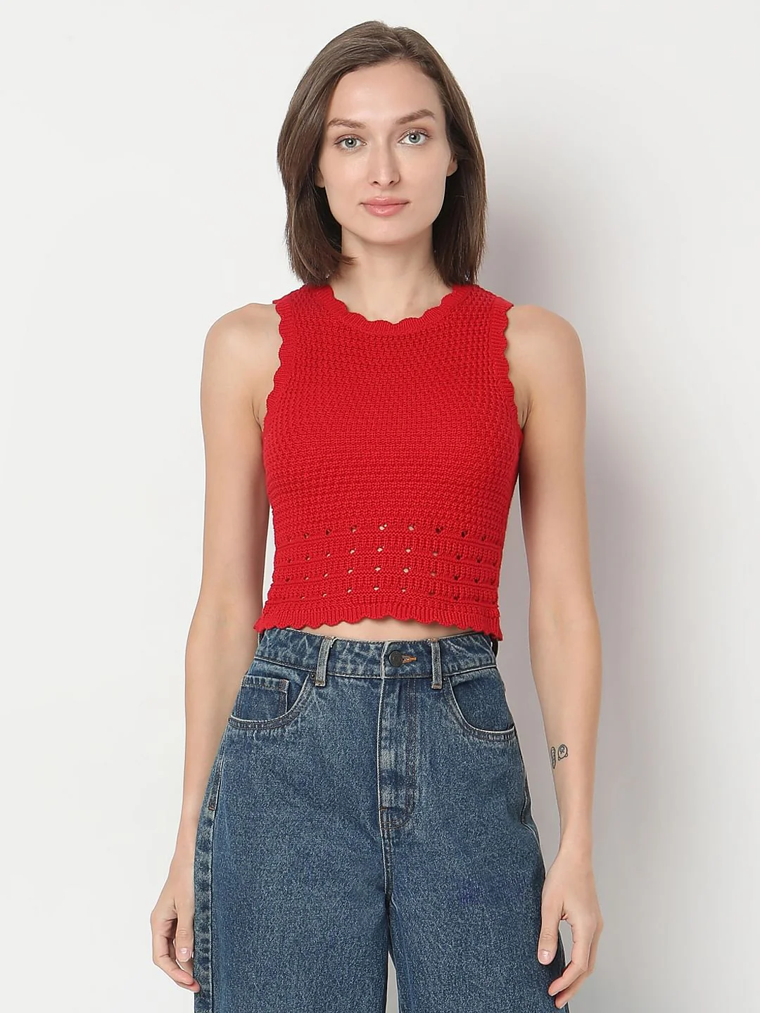 Red Flat Knit Crop Top - Image 2