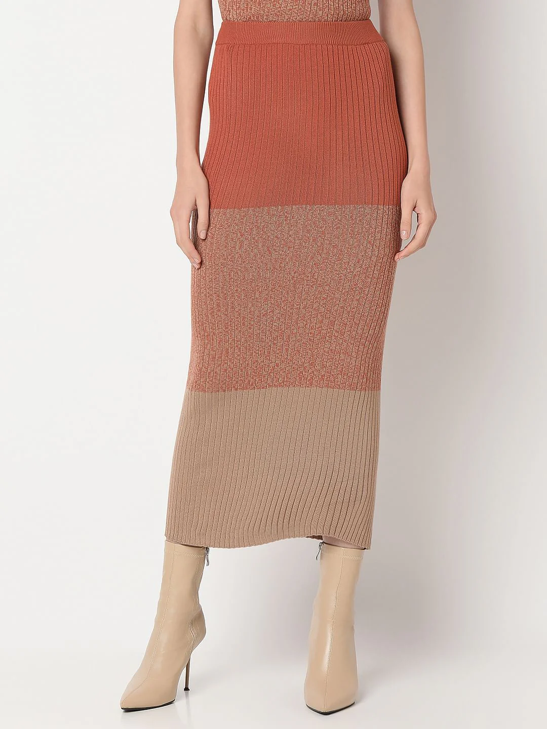 Beige Colourblocked Knitted Co-Ord Set Skirt - Image 2