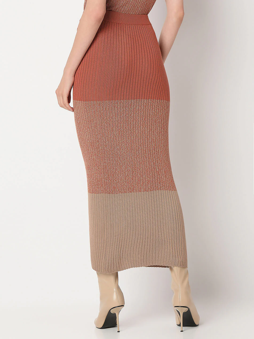 Beige Colourblocked Knitted Co-Ord Set Skirt - Image 4